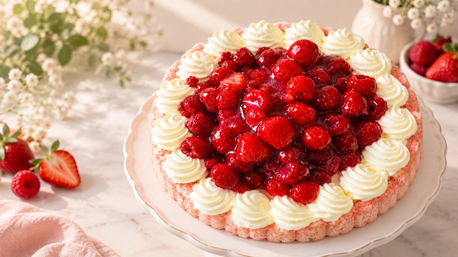 Une charlotte aux fruits rouges cerclée de crème pochée, sur un plan de marbre